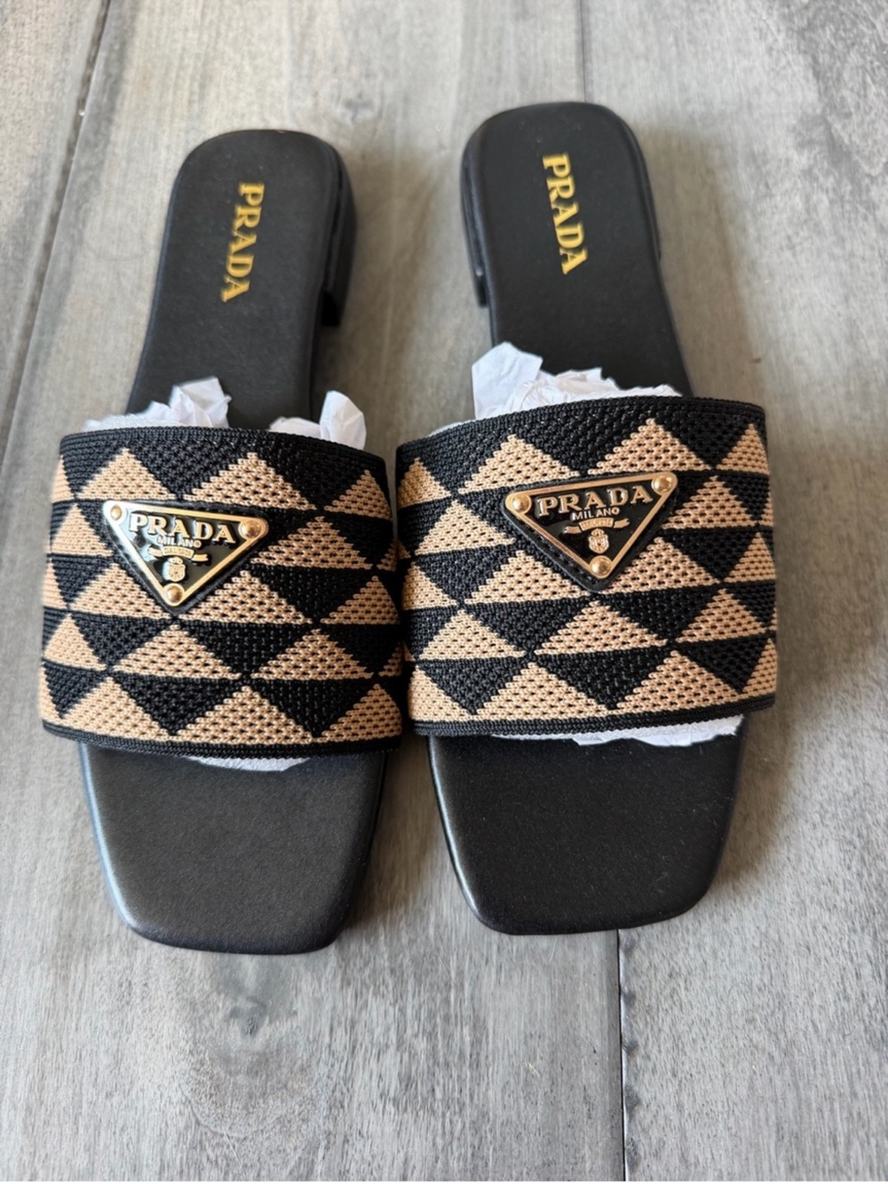 New Sandals  Black & Tan Geometric Slide Sandals